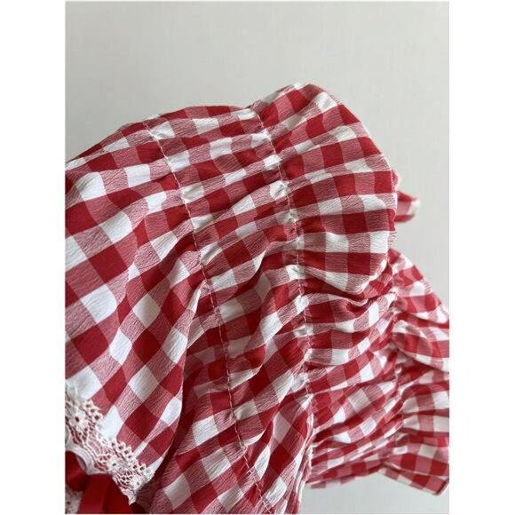 Y2k Plaid Puff Sleeve Crop Top Tie Front Ruffle Hem Going Out Party Blouse - Picture 5 of 6